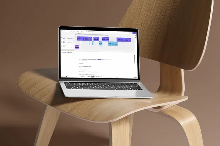 Soundtrap's podcast and transcript view open on a laptop